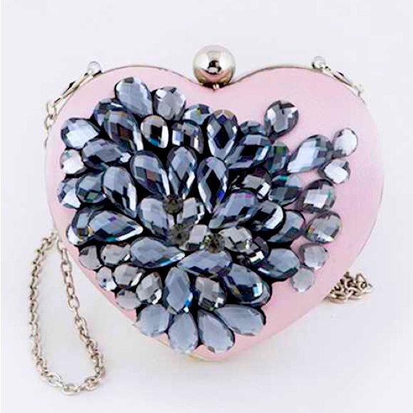 Crystal Flower Heart Satin Statement Bag - Picture 1 of 6